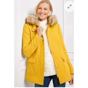 Talbots Faux Fur Hooded Parka Wool Yellow L Winter Coat Italy Quiet Luxury